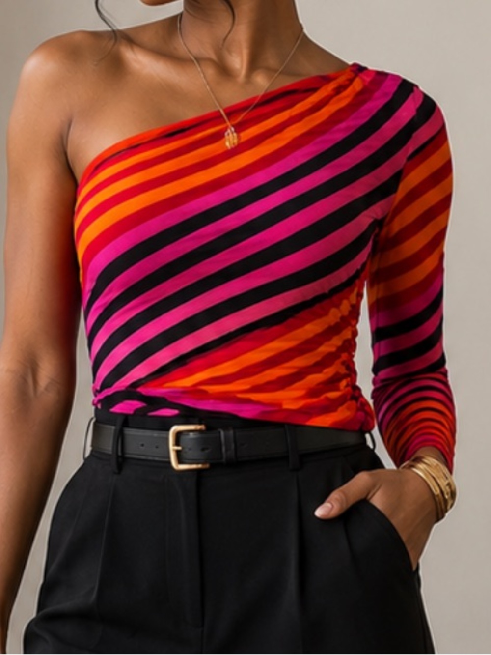 Olsenboye One-Shoulder Diagonal Stripe Crop Top - Pink, Orange & Black‎